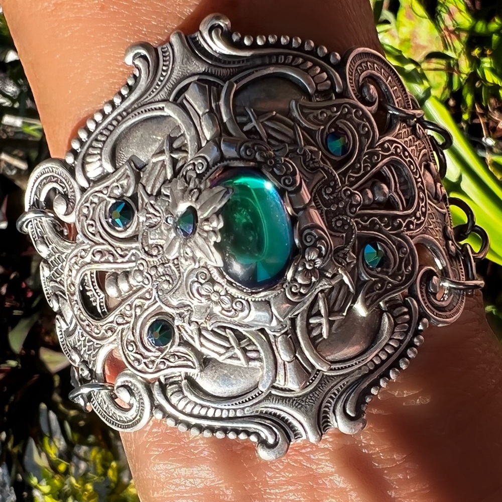 Hand Crafted Design by Jaz Antique Silver Vintage Czech Glass Cuff Bracelet